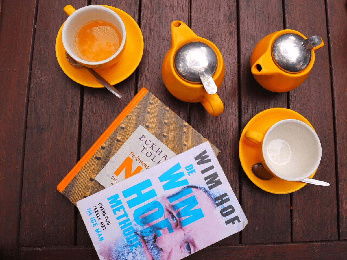 Thee drinken en boek lezen bij Arkarra Tea Gardens in Hervey Bay